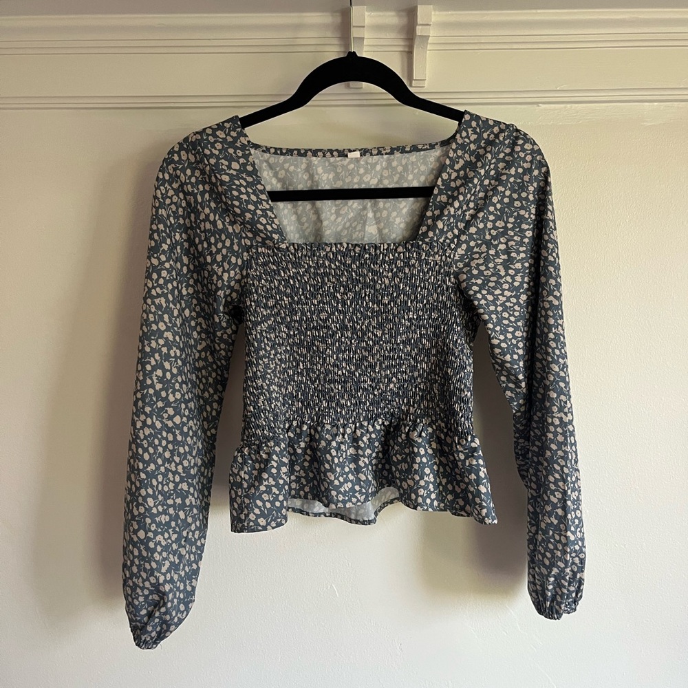 SHEIN Blue Floral Smocked Blouse